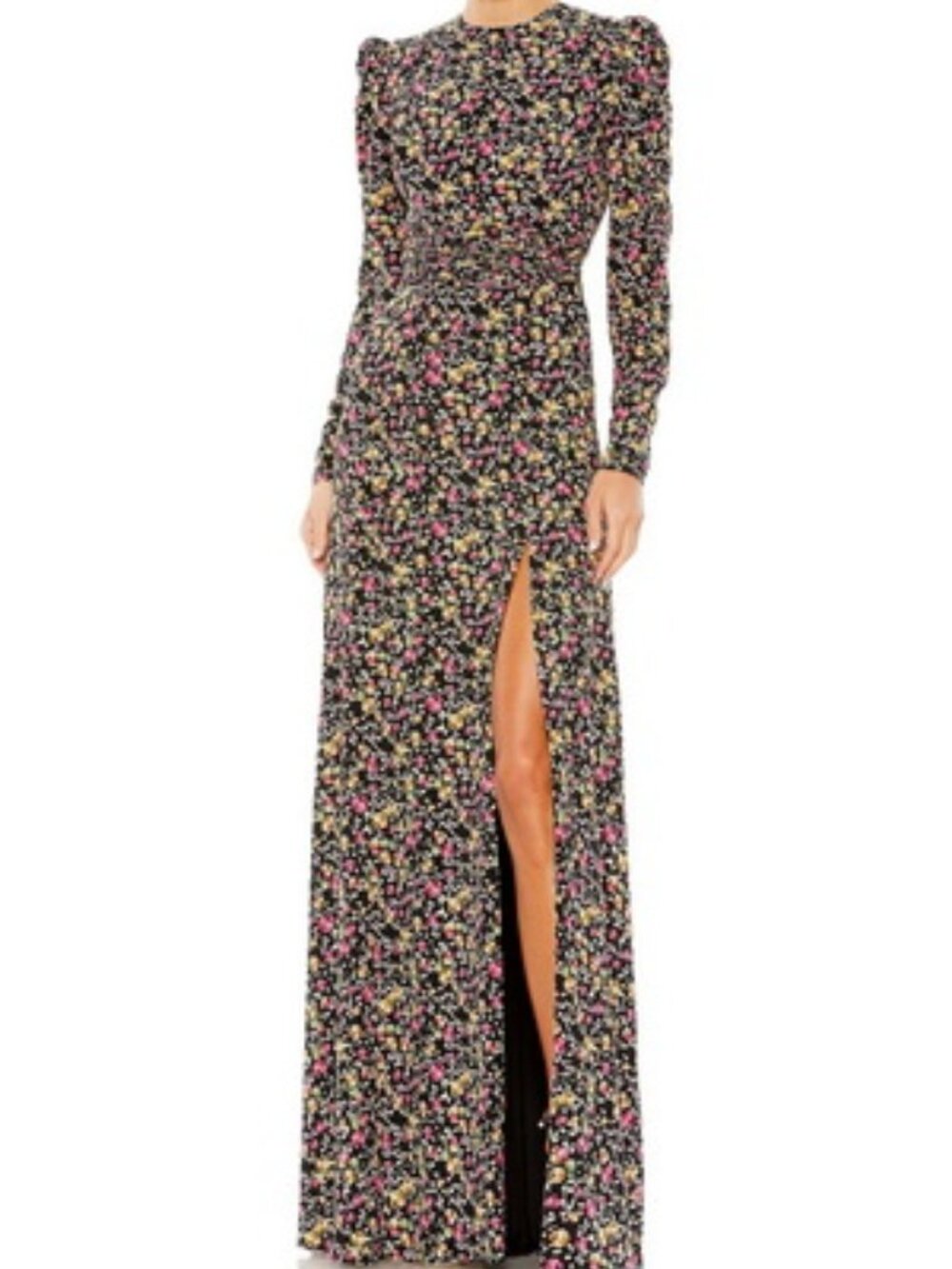 Mac Duggal Black Multi Floral Long Sleeve Chiffon Gown